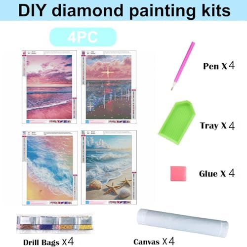 4 Pack Beach Sunset 5D diamond painting for adults Kits, Full Drill Coastal 5D diamond art kits for adults, Scenic Ocean gem art kits for adults, art painting Set Home Wall Decor 11.8x15.7 Inch