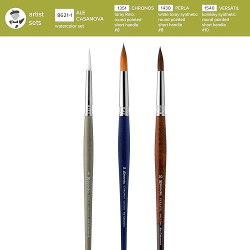 Escoda | Watercolour | Artist Set Ale Casanova | Size 8,10,14 | 3 Brushes | Toray-RMix (90% Gold Toray-10% Red Sable) + White Toray + Kolinsky Synthetic | Round Pointed | Portraits + Figurative Art