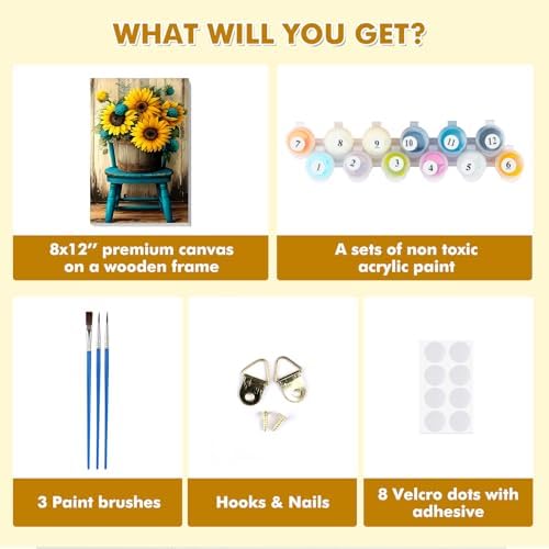 Bowetile Framed Paint by Numbers Sunflower Kit for Adults, Adults' Paint-by-Number Flowers Kits on Canvas, Painting by Numbers Chair, DIY Acrylic Number Painting for Home Wall Decor, 8x12in