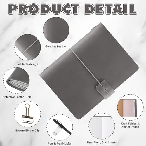 Thenshop Leather Travel Notebook 3 Inserts,Gray,Passport Size
