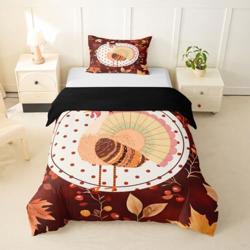 Erosebridal Vintage Farmhouse Rooster Duvet Cover Toddler Size Fall Maple Leaf Berry Bedding Set for Kids Boys Girls Warm Autumn Harvest Comforter Cover Thanksgiving Artwork Bedclothes Room Decor