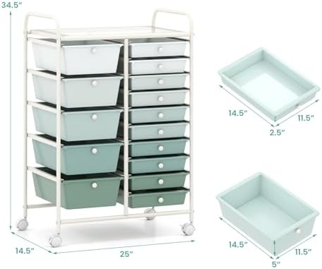 Giantex 15 Drawers Rolling Cart, Classroom Organizers, Storage Cart with Wheels, for Teacher Office Home School Supplies Tool Craft Art Paper, Green Gradient