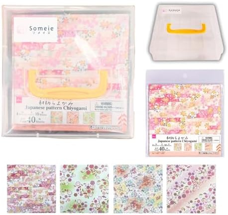 Someie｜Origami Paper for Kids｜Origami kit｜Kids Craft｜6 Inch (15cm) Origami Paper Storage Container ｜Japanese Pattern Sheets 4 Pattern×10 Sheet Each Total 40 Sheets (Japanese Pattern：flower)