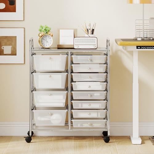 LDAILY 12 Drawer Rolling Storage Cart, Rolling Cart with Drawers for Classroom, Art Supply Craft Organizer on Wheel with Metal Frame & Handles for Home Office School (Clear, 12 Drawer Left-Right)