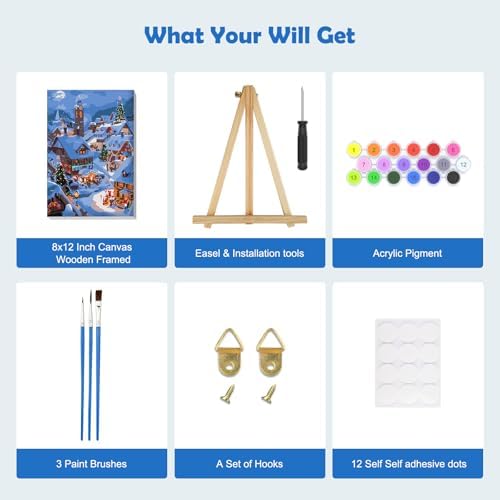 MOGTAA Christmas Paint by Numbers Kit for Adults Beginners with Frame, Christmas Winter Adult Paint by Number Kits on Canvas with Easel, Easy DIY Oil Painting Kits for Home Decor, 8x12in