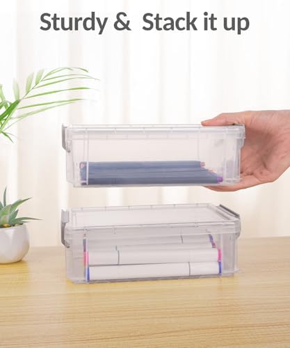 Sooez 6 Pack Extra Large Pencil Box, Plastic Pencil Case Crayon Box | Clear Marker Organizer Plastic Containers with Lid, Stackable Storage Boxes for Art Craft,Back to School Supplies, Pink