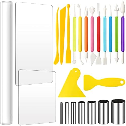 Honoson 23 Pcs Clay Sculpting Tools Set with Roller Cutters,Colorful | Acrylic Mat, Metal Round Cutters, Scraper Board, Ideal for Polymer Clay Crafts, Art Sculpting, Shaping and Modeling Projects