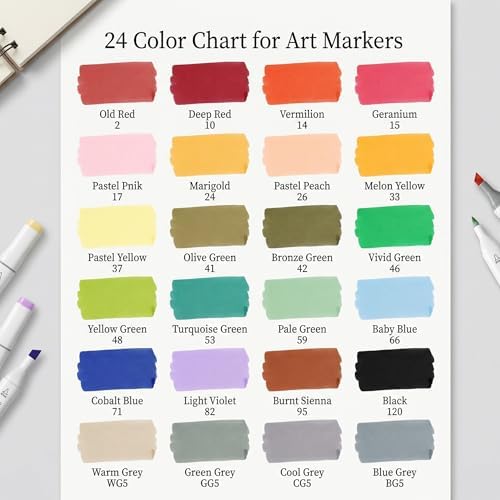 Alcohol Markers Set 24 Colors, Dual Tip Art Markers, Alcohol Based Markers for Adult Coloring Books, Artist Supplies, Chisel & Fine Tip with Black holder, Color Checking Card