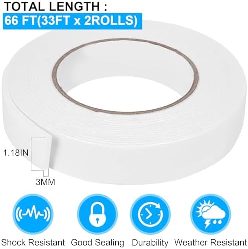 Double Sided Foam Tape 1.18In x 33FT 2 Pack, Mounting Tape Heavy Duty, Strong Adhesive Weatherproof Seal Strips for DIY Craft Picture Poster, Car & Gap Filling Mountings, Home Office Decor (White)