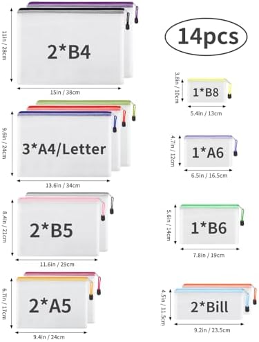 EOOUT 14pcs Zipper Pouches for Organizing, 8 Sizes 14 Colors Waterproof Mesh Bags
