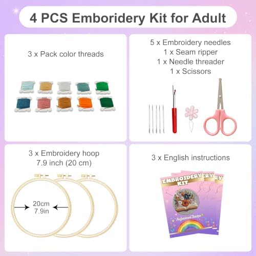 Huacan Embroidery Kit for Adults Beginners with 3 Hoops & Gift Box