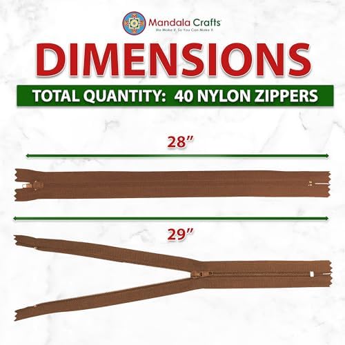 Mandala Crafts 40 PCs Brown Closed-End 28 Inches Nylon Zippers for Sewing