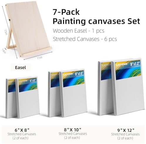 6 Pack Canvas with Tabletop Easel, Art Canvas Kit for Beginners | 6 Canvases in 3 Sizes 6 x 8,8 x 10,9 x 12 Inches,Foldable Adjustable Tabletop Wood Easel for Kids Students