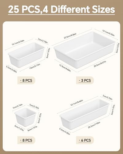 KEMETHY 25 PCS Plastic Drawer Organizers Set, 4 Sizes Vanity Organizer, Makeup and Desk Drawer Organizer Trays, Organization and Storage for Makeup, Bathroom, Kitchen Utensils and Office (White)