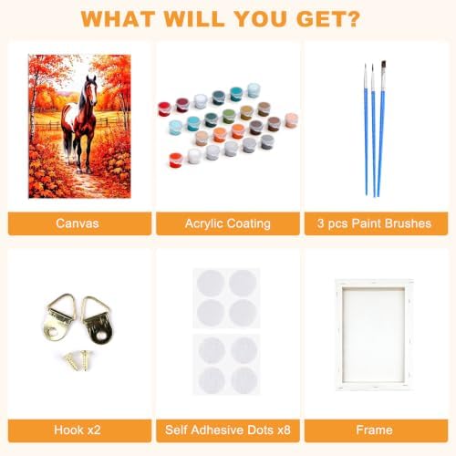 SENQAO Horse Paint by Numbers Kit for Adults Beginner, Fall Adult Paint by Number Kits on Canvas, DIY Acrylic Oil Easy Painting by Numbers for Home Wall Decor 8X12 inch