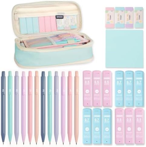 Aesthetic School Supplies with Cute Pencil Case, 12x Pastel Mechanical Pencils 0.5 & 0.7mm with 720x HB Leads, 4x Erasers and 1x Sticky Note, Suitable for Writing, Drafting Drawing Sketching(blue)