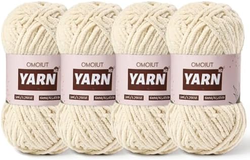 4 Packs Plush Chenille Chunky Crochet Yarn - Baby Yarn for Crocheting Soft - Velvet Yarns Knitting for Blankets Crafts - Fluffy Amigurumi Yarns 200g/262.5yds (4 Beige)
