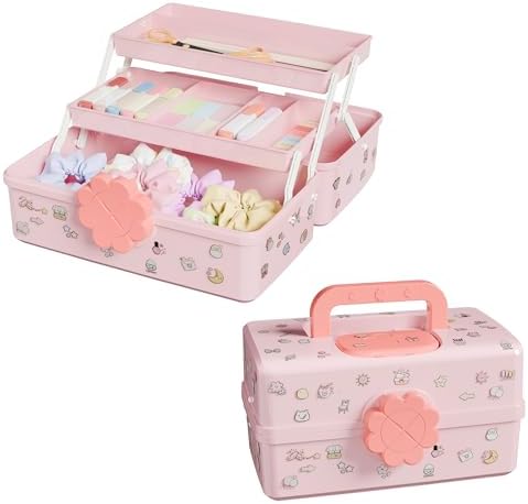 Covetree Hair Accessories Organizer with Handle sewing organizer，Lockable Three-Layer Multipurpose Art Supplies Storage Box and Storage Plastic Jewelry Box (pink)