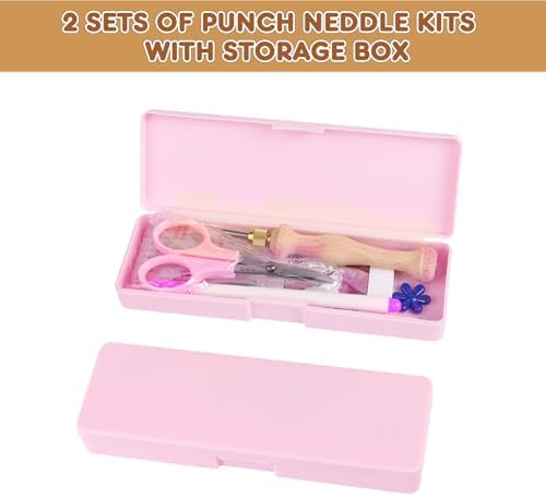 Cheloment 2 Sets of Punch Needle Kit with Storage Box,Adjustable Punch Needle Tool with 5 Different Metal Needles,Embroidery Punch Needle Set Adults Beginner for DIY Craft,Perfect for Gifts（Pink）