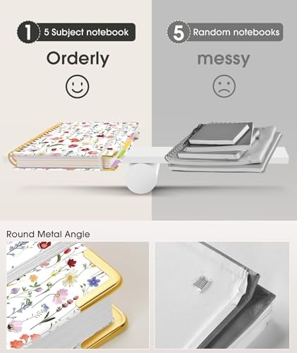 Hardcover Spiral Notebook journal with Removable Dividers Tabs, 300 Pages 5 Subject Notebook College Ruled, 100GMS Notebooks for Work School Note taking,Lined Journal for Women,A5-Flower white