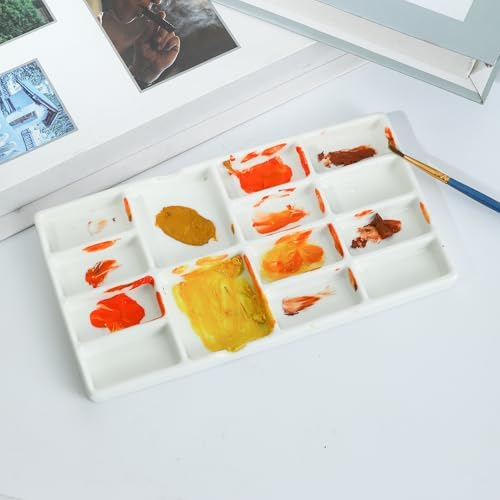 8" Porcelain Watercolor Palette - 14 Well Ceramic Artist Paint Palette with Mixing Tray for Painting and Craft Projects