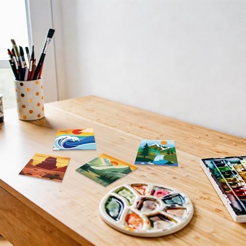 Anseal 12 Packs Pre Drawn Canvas to Paint, 4" X 4" Landscape Pre-Printed Canvas Paint Party for Adult, Stretched Outline Painting Boards for Beginners, Party Favor