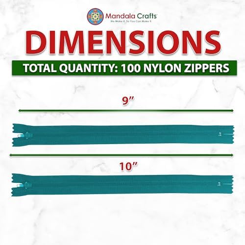 Mandala Crafts 100 PCs Teal Closed-End 9 Inches Nylon Zippers for Sewing