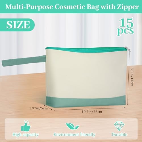 Silkfly 15 Pcs Cotton Canvas Makeup Bags Cosmetic Zipper Bags 10.2 x 5.5 x 2'' Blank DIY Pouch Bulk Pencil Case with Bottom Travel Toiletry Pouch for Women Craft Decor Gift (Beige and Green)
