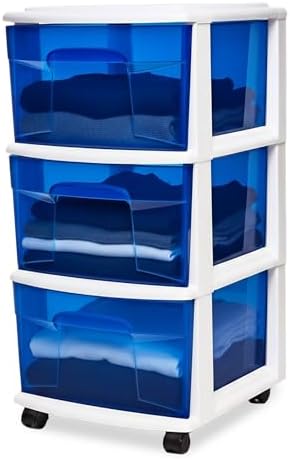 HOMZ Drawer Tower, 3-Tier Storage Cart with Removable Wheels, White Frame