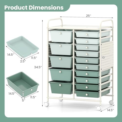 GOFLAME 15-Drawer Rolling Storage Cart with Pegboard, Craft Storage Cart with Lockable Wheels and Metal Frame, Art Cart Supply Storage Organizer for Home Office Classroom, Green Gradient