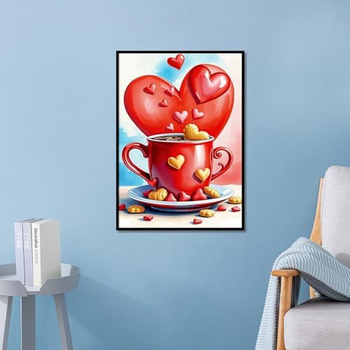 MVVMTOP Diamond Painting Kit for Adults 5D DIY Red Heart-Shaped Coffee Cup Full Drill Round Diamond Art Kits for Beginners Crystal Rhinestone Embroidery Painting Home Wall Decor Gift
