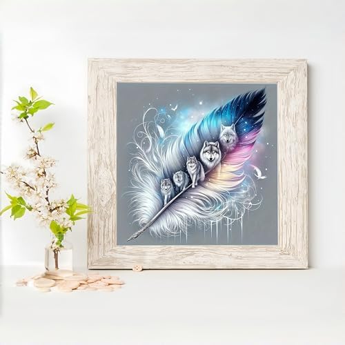 Acelii 5D Diamond Art Kits for Adults Beginners,Wolf Pack Feather DIY Full Round Drill Diamond Painting Kits, Paint by Diamonds Dots Gem Art Easy,Home Wall Decor 14X14 Inch