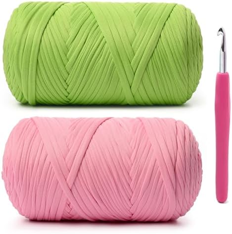2 Pack Soft Tshirt Crochet Yarn, 800g/228yds High Elastic Hand Knitting Yarns, Thick T Shirt Yarn for Crocheting Bags, Baskets, Cushions, DIY Crafts(Green Apple + Peach