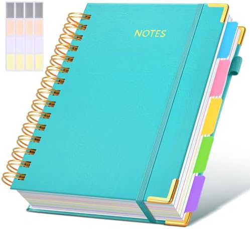 Hardcover Spiral Notebook journal with Removable Dividers Tabs, 300 Pages Leather 5 Subject Notebook College Ruled, 100GMS A5 Notebooks for Work School Note taking,Lined Journal for Women,A5-Blue