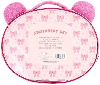 VOTUM Fuzzy Bear Stationery Gift Set for Kids – Plush Notebook, Stackable Highlighters, Click Pens, Sticky Notes & Erasers – Cute Pink Writing Supplies Case