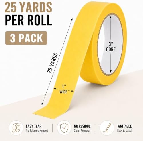 Yellow Painters Tape 1 Inch Wide, 25 Yards x 3 Rolls Masking Tape