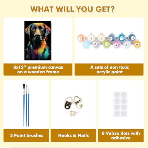 Bowetile Framed Colorful Dog Paint by Numbers Kit for Adults, Adults' Paint-by-Number Kits on Canvas, Painting by Numbers Animal, Acrylic Dog Number Painting for Home Wall Decor, 8x12in