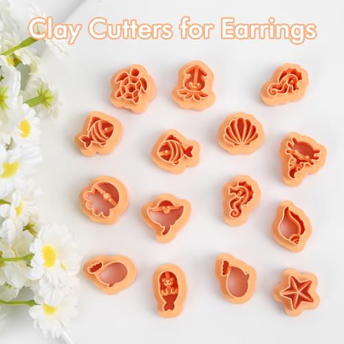 Puocaon Coastal Polymer Clay Cutters - 15 Pcs Small Stud Sea Creature Clay Cutters for Polymer Clay Earrings, Sea Life Ocean Animal Starfish Seahorse Ray Clay Jewelry Cutters