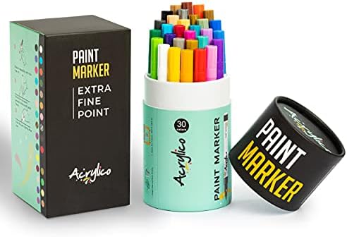 Acrylic Paint Markers Set of 30 Paint Pens –Extra Fine Tip for Fabric, Wood, Glass, Canvas, Rock, Metal & Ceramic – Non-Toxic Art Supplies for Adult Coloring & Kids Crafts