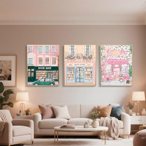 3 Pack Bookstore Diamond Art Kits for Adults, 5D DIY Pink Book Shop Diamond Painting Kits for Beginner, Diamond Dots Full Drill Crafts for Gem Art for Adults Home Wall Decor for Boys Girls 12x16 inch