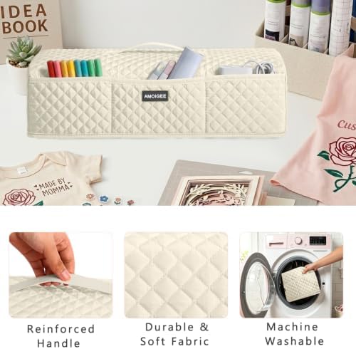 AMOIGEE Dust Cover for Latest Cutting Machine Cricutt Explore 5, Quilted Protective Cover with Storage Pockets for Cutting Machine, Floral Fabric Anti-Dust Cover for Craft Machine Organizer