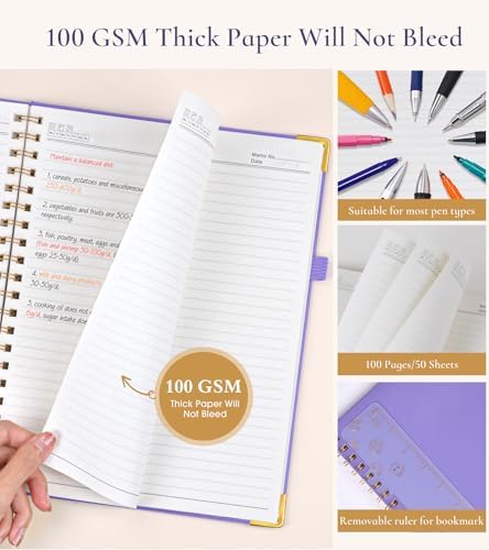 Hardcover Spiral Notebook Journal 8.5” x 11”, A4 Large Leather Notebooks for Women Men, Lined College Ruled Notebook, 100 GSM Paper, Spiral Bound Journals for Work School Note Taking Business, Purple