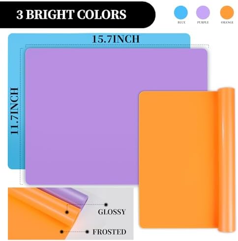 LEOBRO Silicone Mats, 3 PCS 15.7”x 11.7” Silicone Mats for Crafts, Resin Molds, Play Dough Mat for Resin, Clay, Craft Supplies, Orange & Purple & Blue