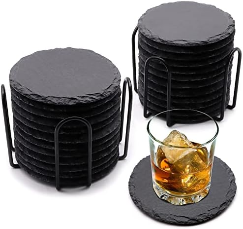 24 Pack 4 Inch Round Black Slate Coasters Set with Storage Holder