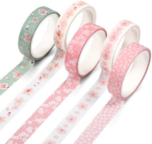 5 Rolls Sakura Washi Tape Set Floral Decorative Tapes Cute Flowers Patterns Tape Japanese Arts Adhesive Tapes Modern Arts Masking Tapess for Art DIY Crafts Journals Scrapbooking Wrapping