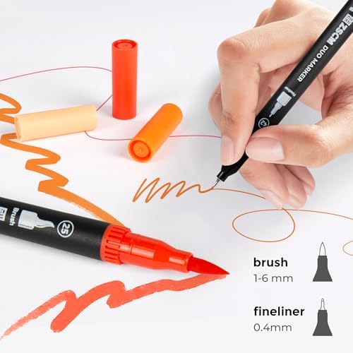 ZSCM QUALITY DECIDES THE FUTURE Orange Duo Tip Marker Pens, 12 Fine & Brush Tip Pen For Adult Coloring Books