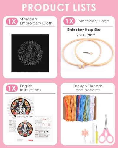 TINDTOP Embroidery Kit for Adult Beginners, Embroidery DIY Starter Kit, with Stamped Patterns, Hoop, Tools, Colorful Threads with Needles, Instructions (Skeleton A)