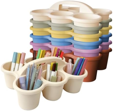 6 Pack Classroom Caddy Organizer with Handle Macaron Plastic Table Caddy 6 Compartments Storage Cup Holder for School Supplies Art Crafts Crayons Pencil Stackable Desk Caddy for Office Home