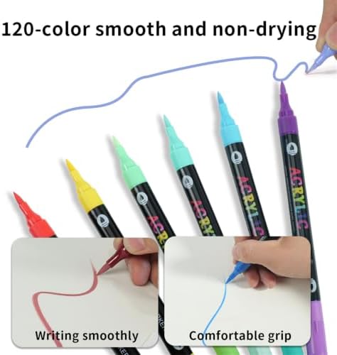 120 Colors Dual Tip Acrylic Paint Marker Pens Set, Multifunctional Acrylic Tips with Laser Pen Body, Professional Acrylic Paint Pens for Wood, Canvas, Rock Painting, Glass, DIY Crafts Art Supplies