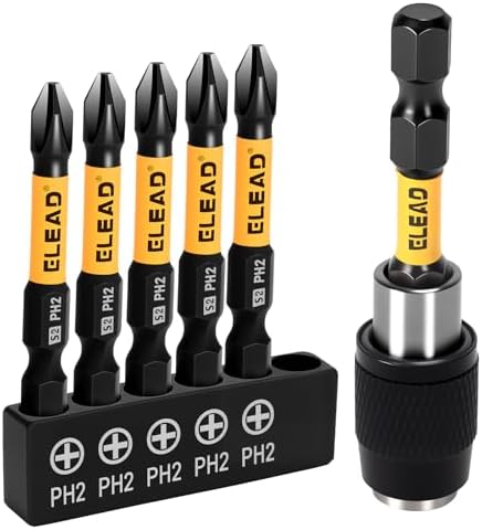 6-Piece Phillips Bit #2 Impact, 2 Inch Magnetic Phillips Head Drill & Screwdriver Bit with Magnetic Bit Holder, S2 Steel, 1/4" Hex Shank, PH2 for Impact Driver, Professional & DIY Use